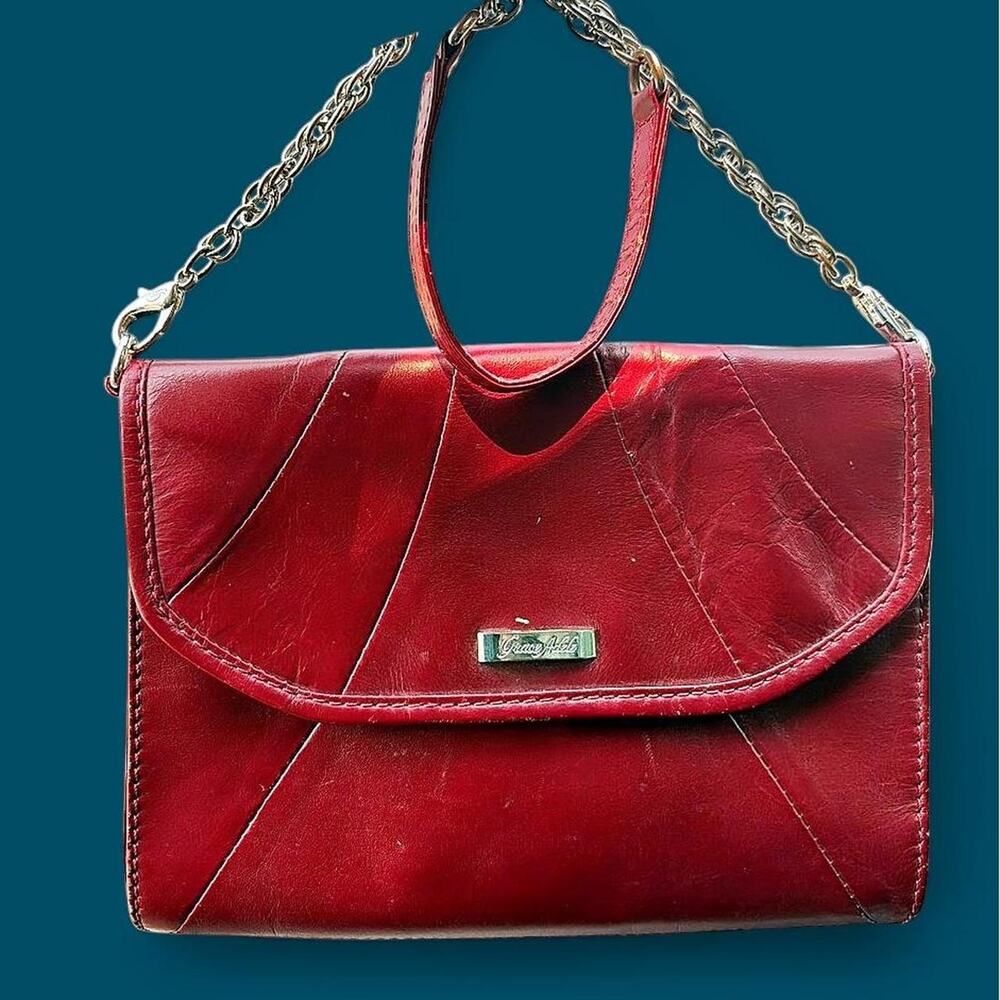 Red leather handbag with gold